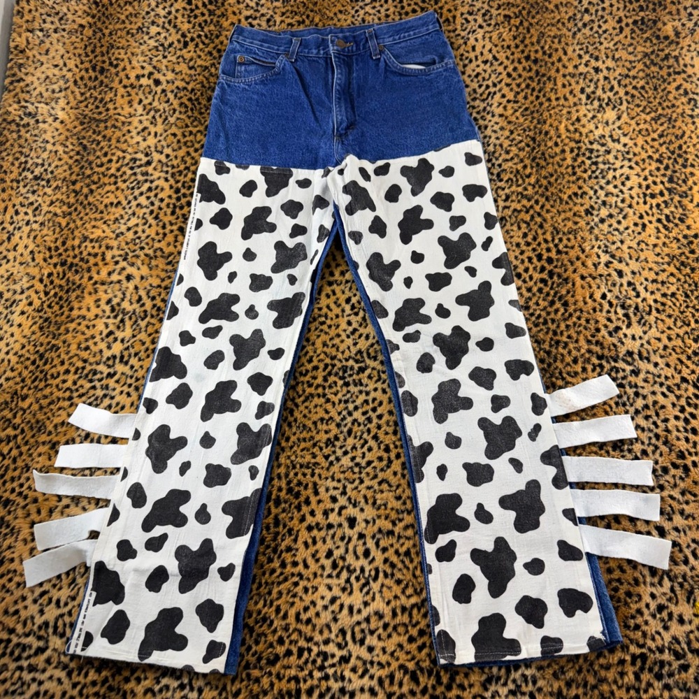 Vintage 90s Lee Custom Cow Print Fringe Jeans Blue Denim 28x30 Made in USA